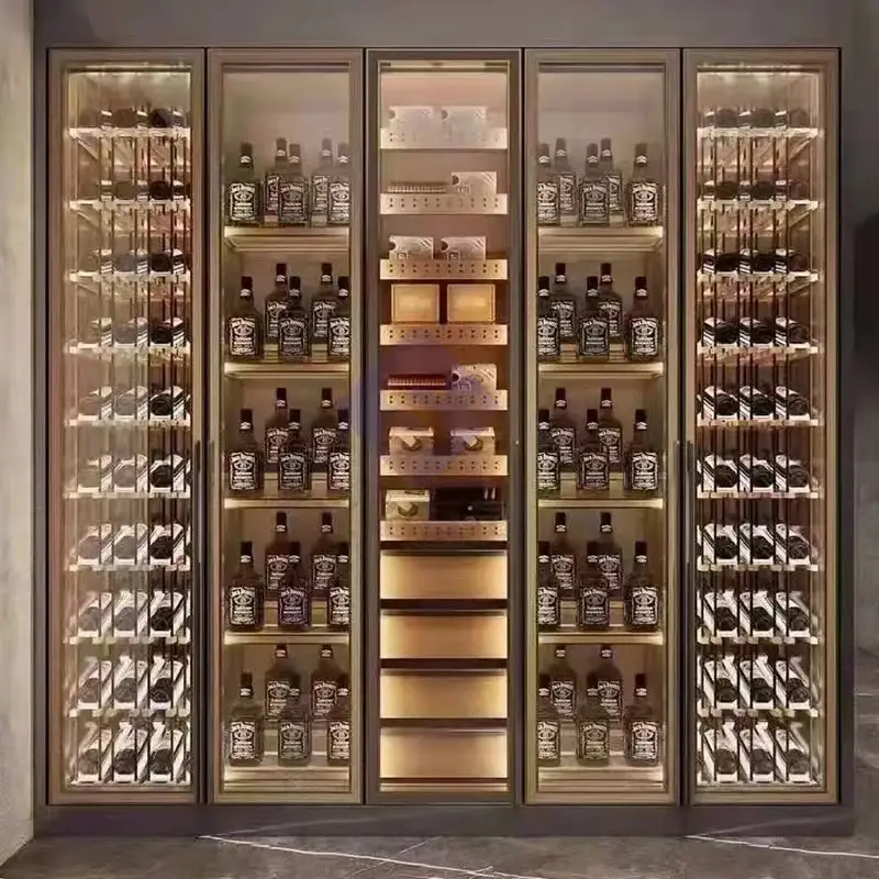 Custom stainless steel wine cabinet with glass and integrated lighting
